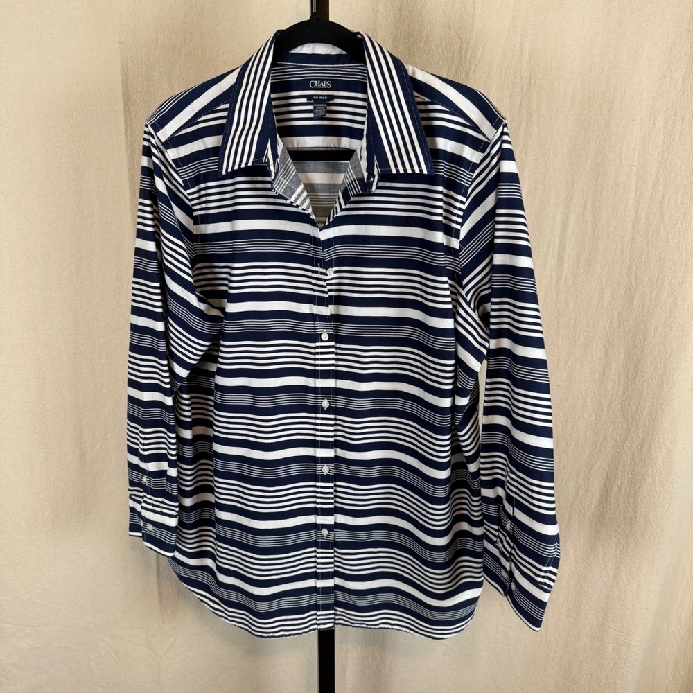 Chaps Womens 2X Navy Blue White Striped No Iron Cotton Button Down Shirt L/S